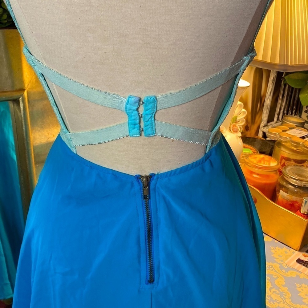 🎀🍒 Blue Green Lace Colourblock Contrast A Line Dress 🍒🎀 Pearl Ruffle Trim Straps - Picture 12 of 13